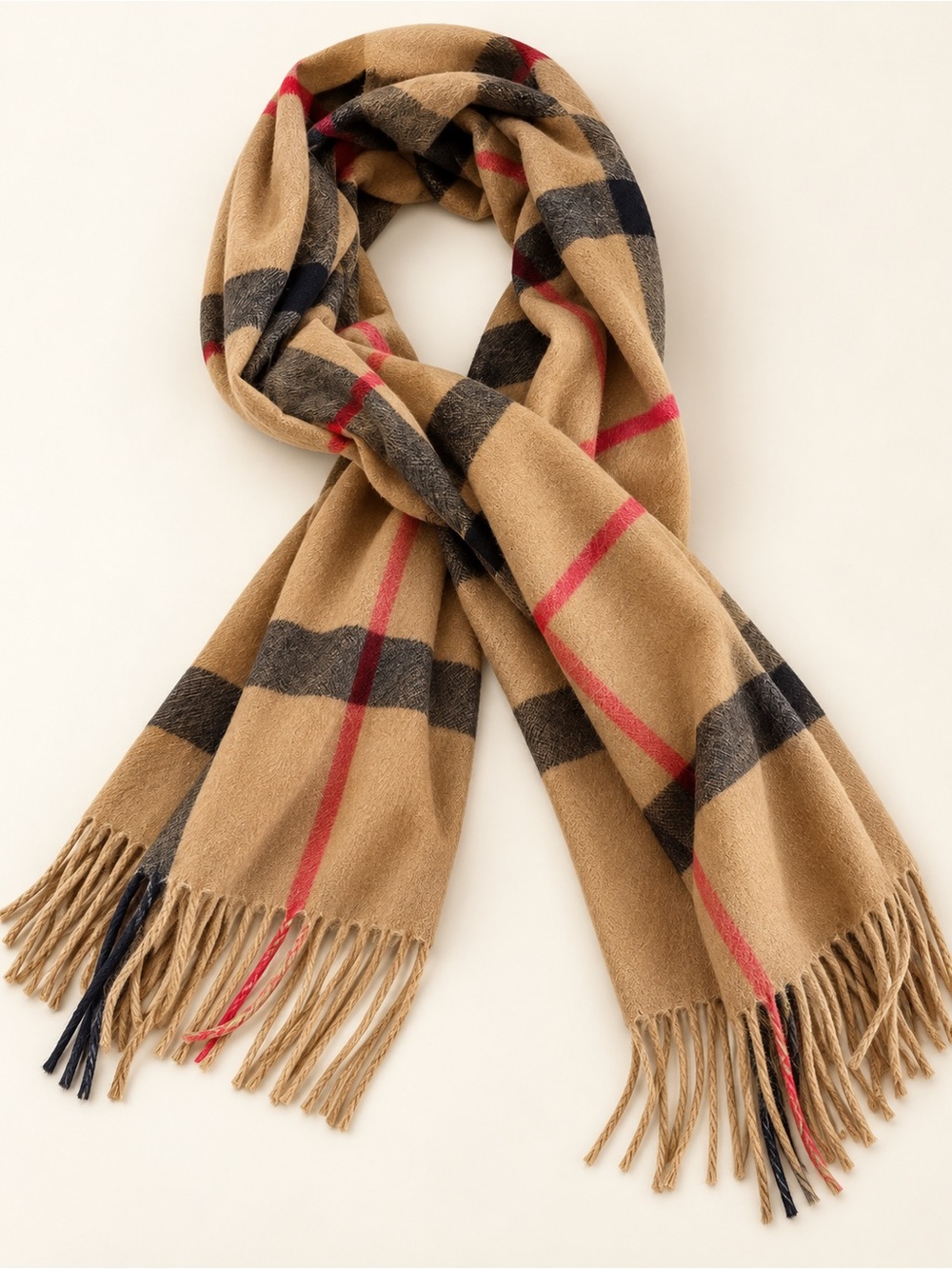 Women's cashmere Tan Plaid Fringe Scarf with Black and Red Accents